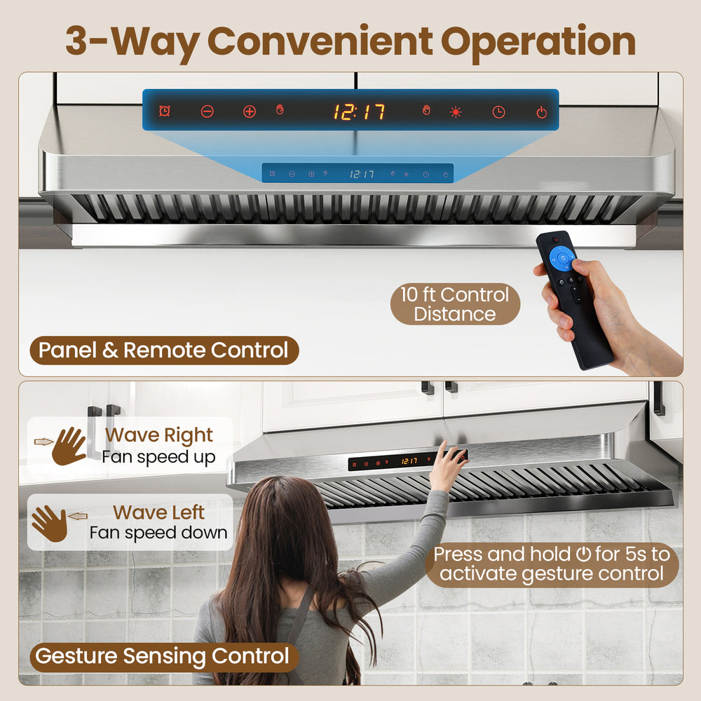 36-inch under cabinet range hood with remote control, gesture sensing, and 900 CFM airflow for efficient kitchen.