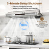 36-inch under cabinet range hood in silver with 900 CFM airflow, featuring a 3-minute delay shutdown and LED lights.