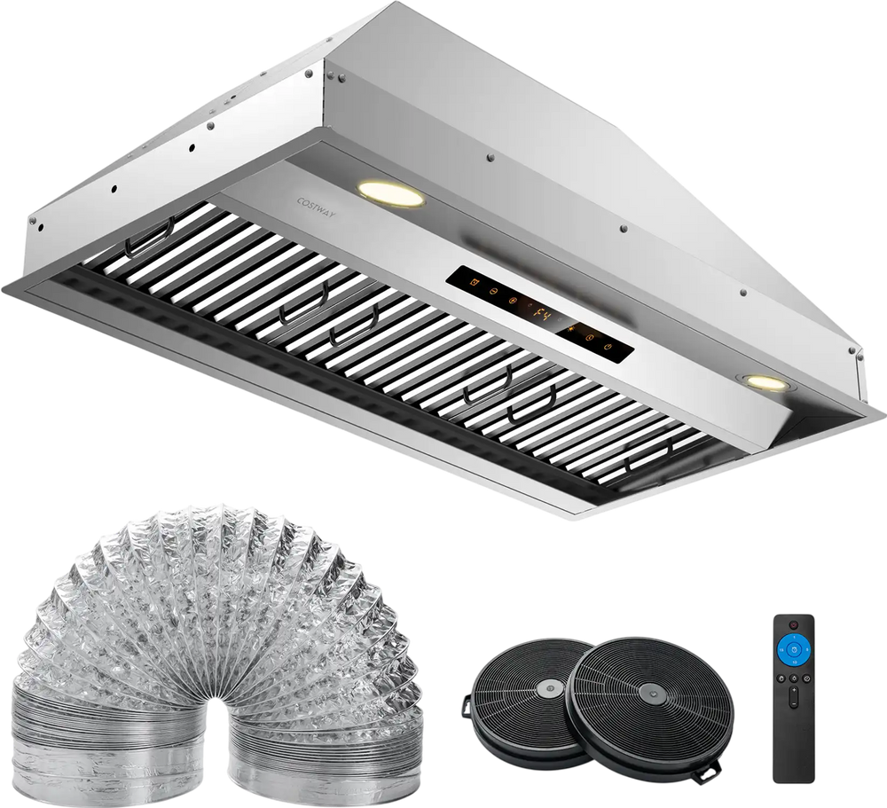 36-inch under cabinet range hood in silver with 4 fan speeds, baffle filters, and remote control for efficient.