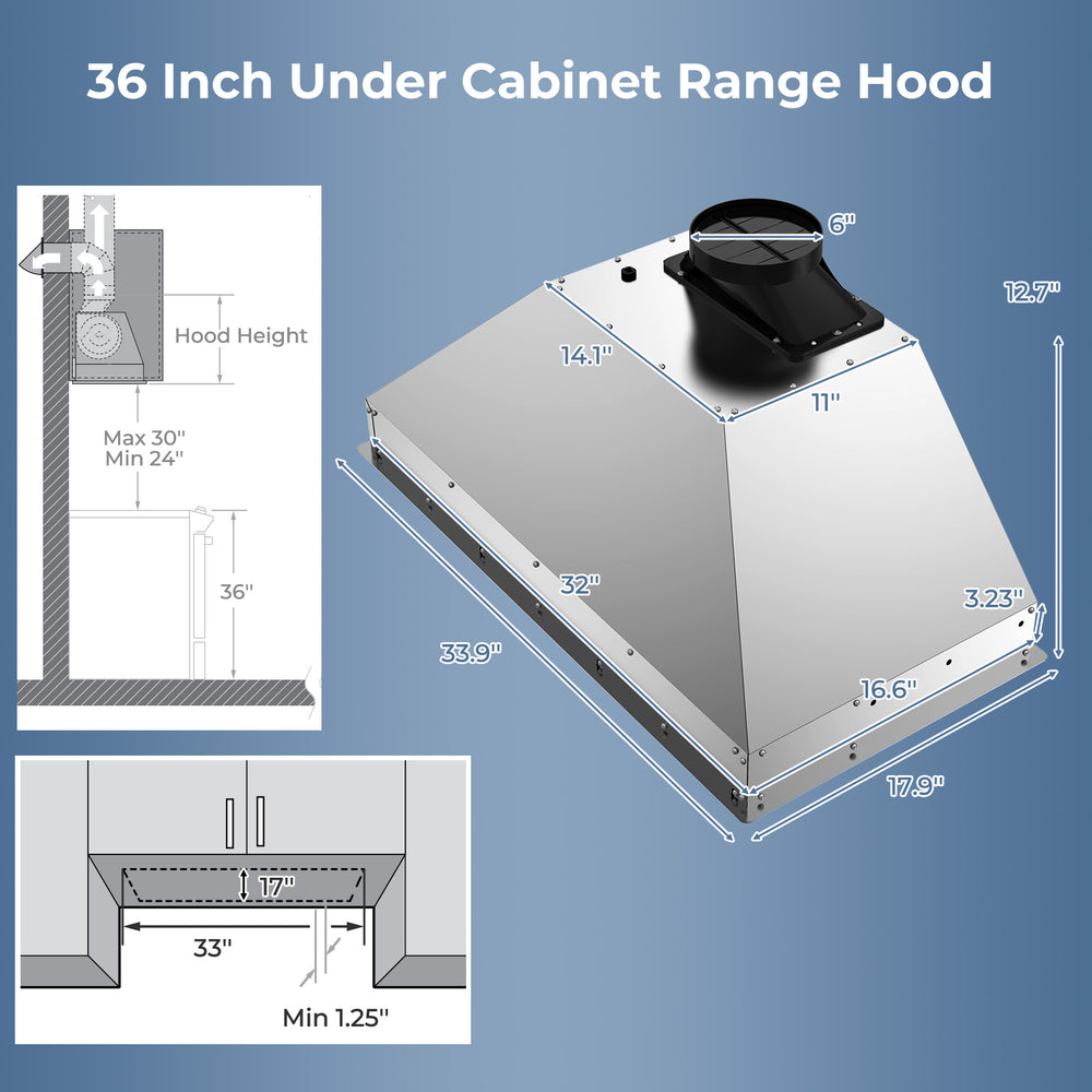 36-inch under cabinet range hood in silver with 4 fan speeds, baffle filters, and dimensions for effective smoke.