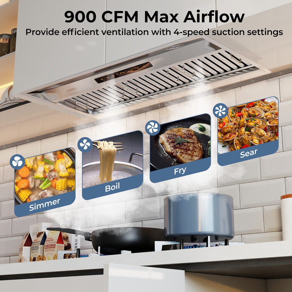 36-inch under cabinet range hood with 900 CFM airflow, 4 fan speeds, and baffle filters for efficient smoke removal.