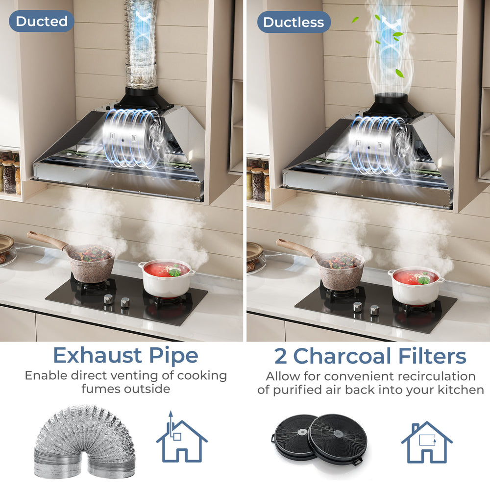36-inch under cabinet range hood with ducted exhaust pipe and 2 charcoal filters for effective kitchen ventilation.