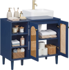 Navy 36-inch under sink cabinet with open shelves and doors, designed for vessel sinks and single-handle faucets.