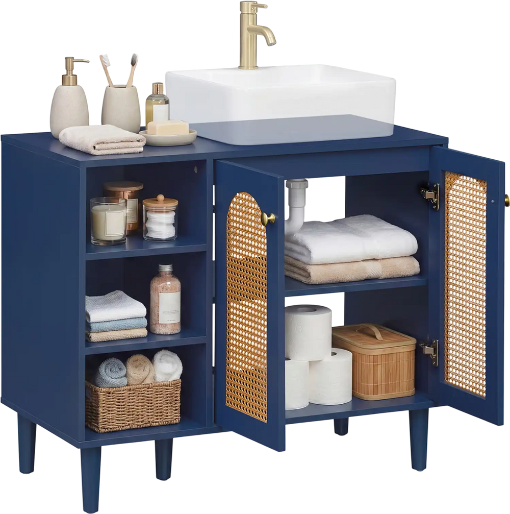 Navy 36-inch under sink cabinet with open shelves and doors, designed for vessel sinks and single-handle faucets.