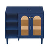 Navy 36-inch under sink cabinet with cane doors and open shelves, ideal for vessel sinks and single-handle faucets.
