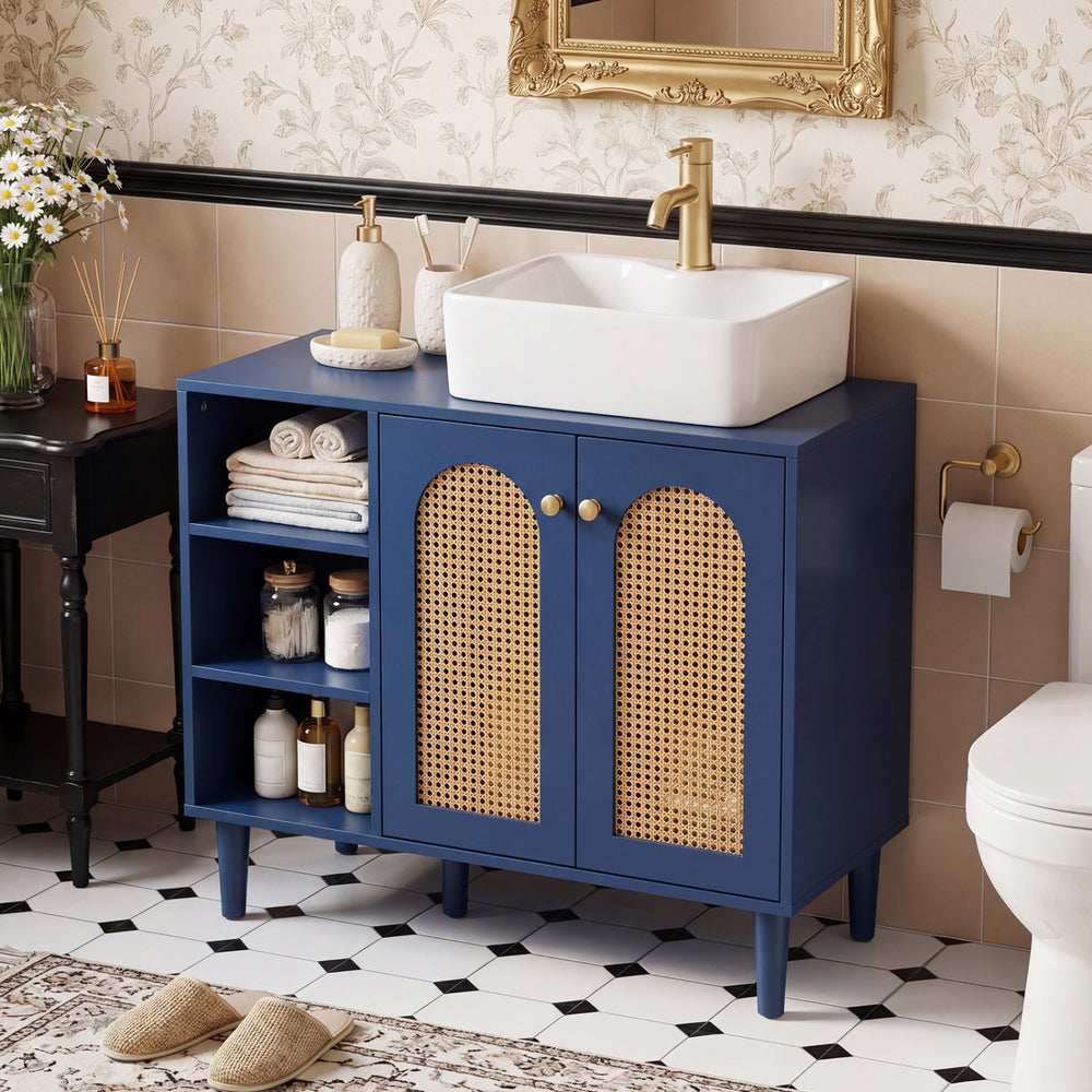 Navy 36-inch under sink cabinet with rattan doors, designed for vessel sinks and single-handle faucets.