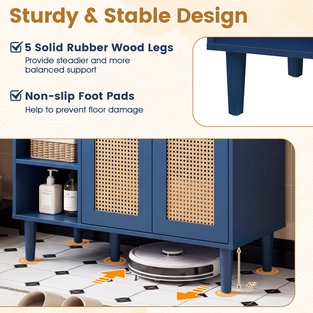 Navy 36-inch under sink cabinet featuring solid rubber wood legs and non-slip foot pads for stable support.