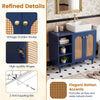 Navy 36-inch under sink cabinet featuring elegant rattan accents and vintage golden knobs for stylish bathroom storage.