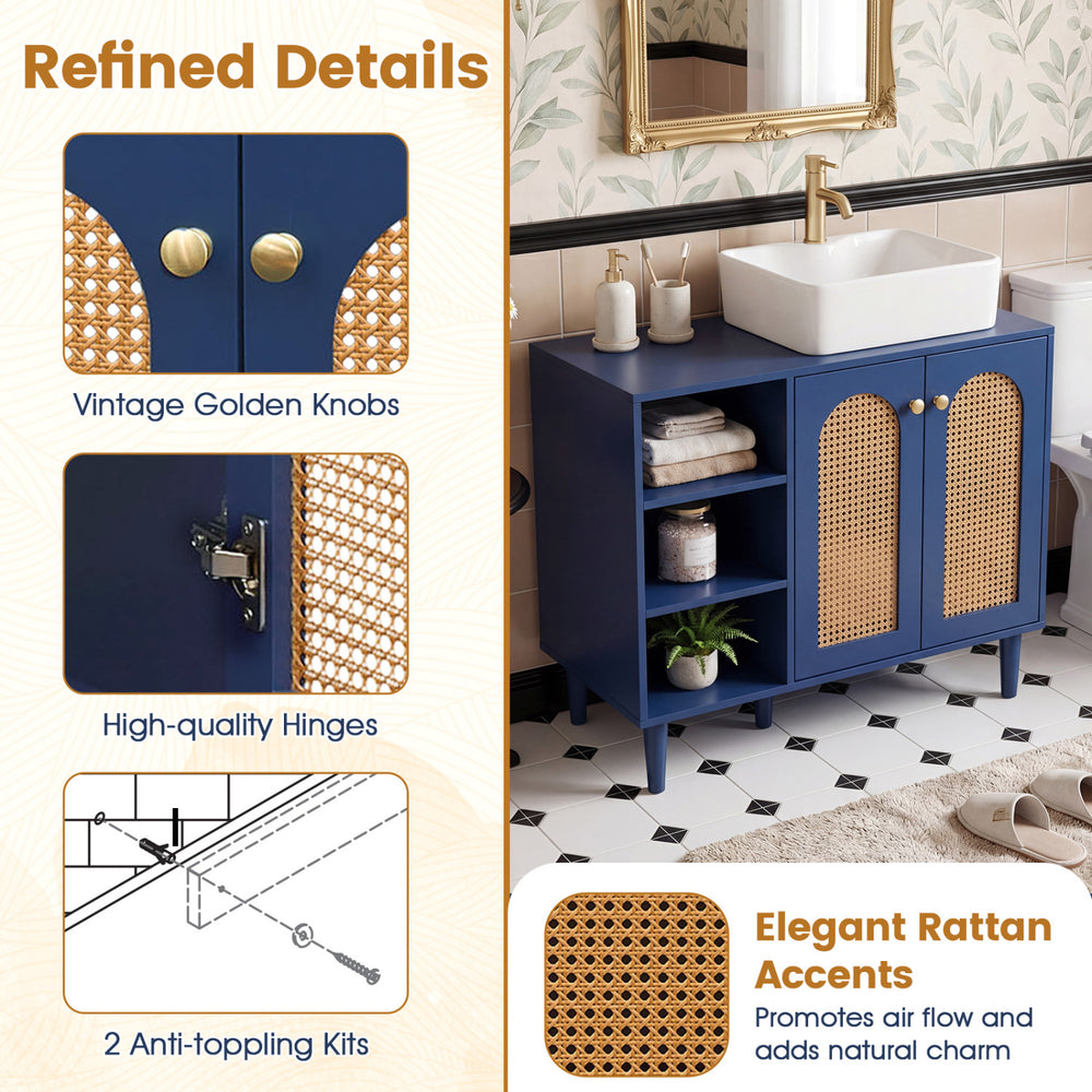 Navy 36-inch under sink cabinet featuring elegant rattan accents and vintage golden knobs for stylish bathroom storage.