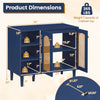 Navy 36-inch under sink cabinet with dimensions, featuring two shelves and a weight capacity of 265 lbs.