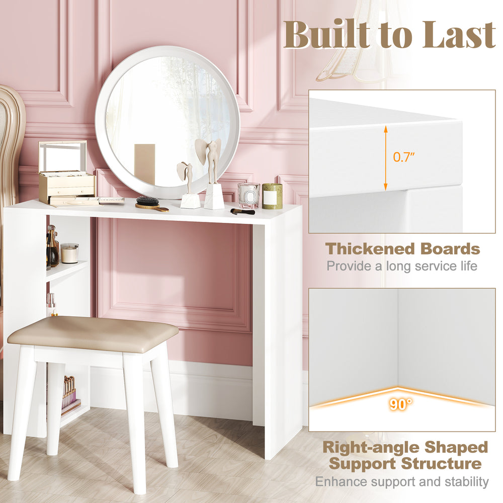 White 36-inch computer desk with three open shelves, featuring thickened boards and right-angle support for stability.