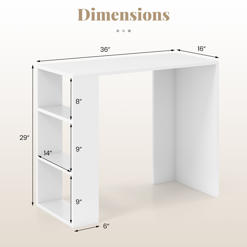 Dimensions of the 36-inch white computer desk with three open shelves for home office use, featuring compact design.