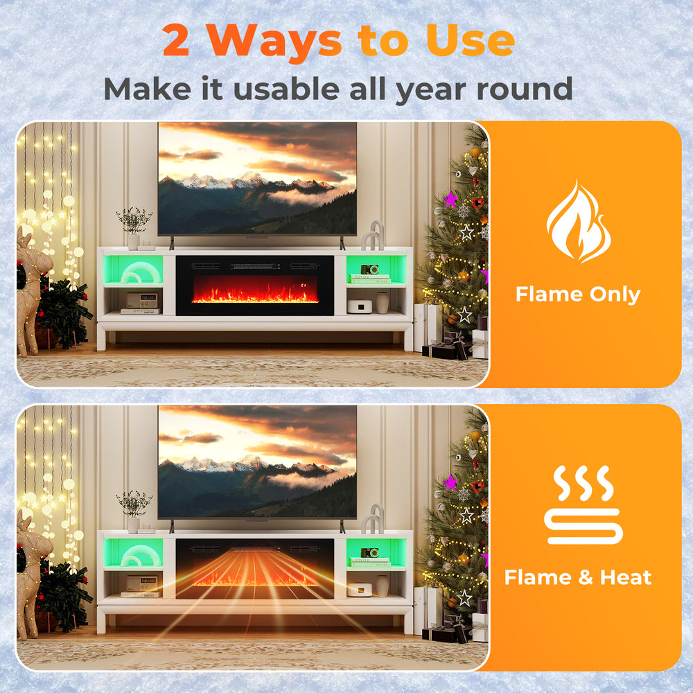 Electric fireplace heater with LED strip lights, showing flame only and flame with heat options for year-round use.