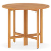 Round 36-inch outdoor folding dining table made of acacia wood, featuring a slatted tabletop for backyard gatherings.