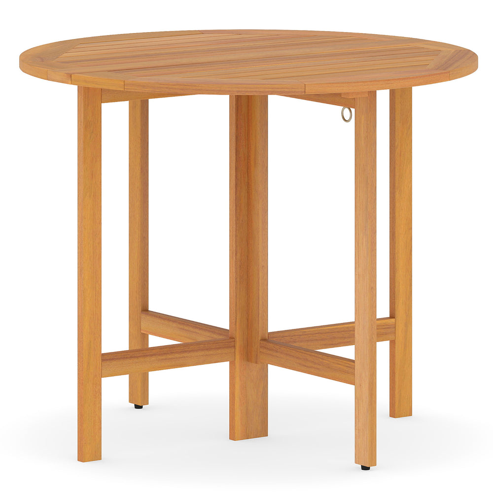 Round 36-inch outdoor folding dining table made of acacia wood, featuring a slatted tabletop for backyard gatherings.
