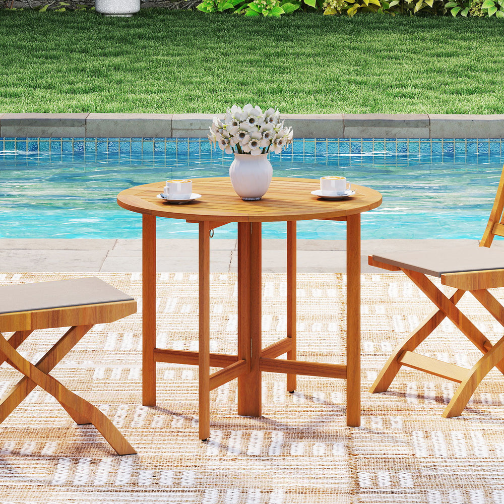 36-inch acacia wood outdoor folding round dining table with slatted design, ideal for cozy garden or deck dining.
