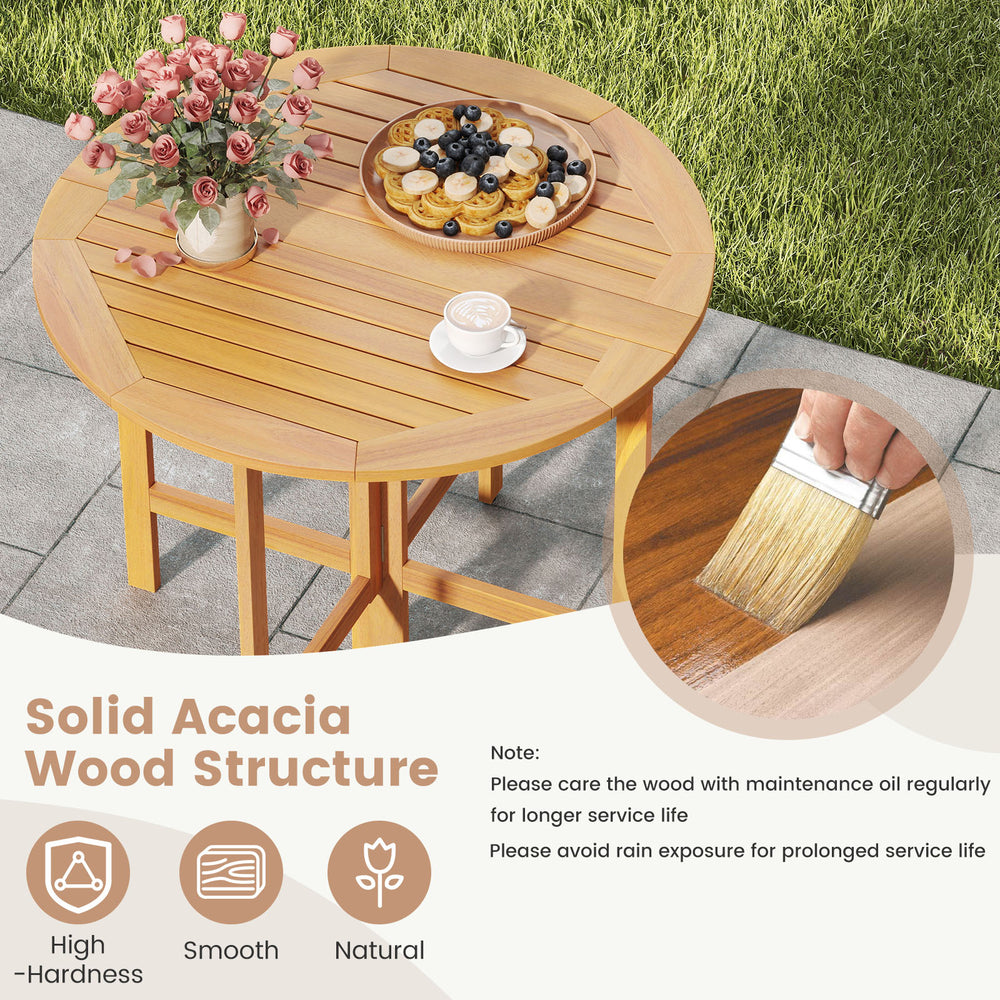 36-inch outdoor folding round dining table made of acacia wood, featuring a slatted tabletop for backyard gatherings.