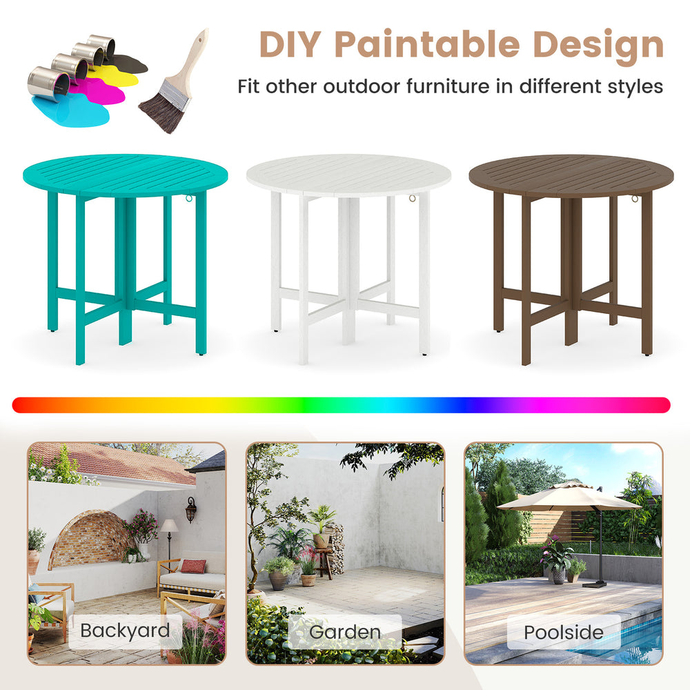 36-inch outdoor folding round dining table made of acacia wood, suitable for backyard or garden, with slatted tabletop.