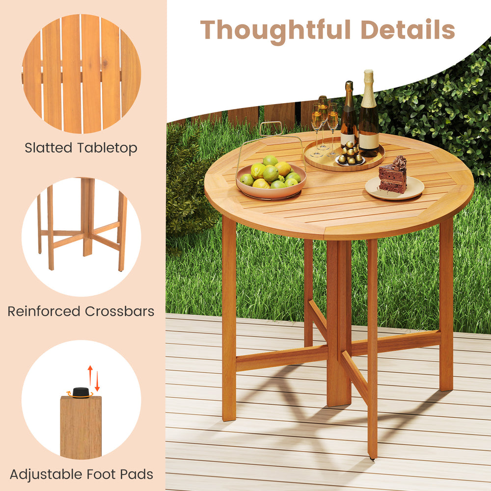 36-inch outdoor folding round dining table with slatted tabletop, made of acacia wood, ideal for backyard gatherings.