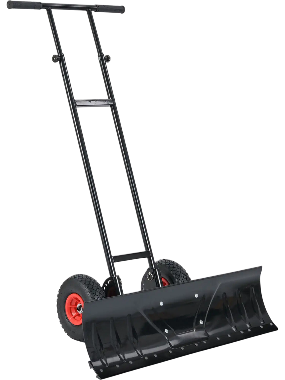 36-inch wheeled snow shovel with adjustable angle, ergonomic handle, and wide blade for efficient snow removal.