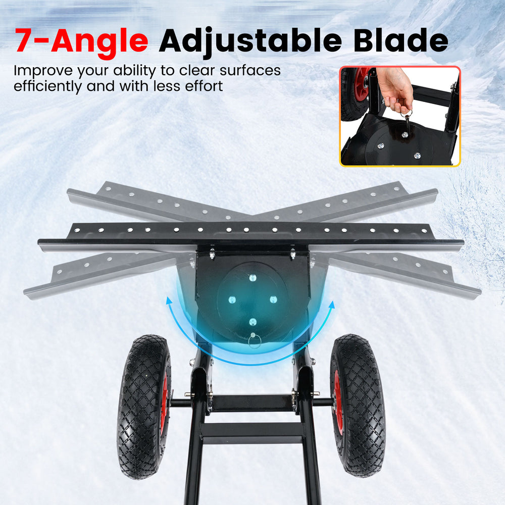 36-inch snow shovel with wheels featuring a 7-angle adjustable blade for efficient snow removal and ergonomic control.
