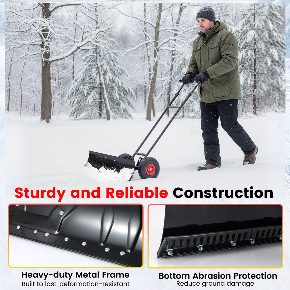 36-inch snow shovel with wheels, adjustable angle, and ergonomic handle for efficient snow removal and easy.