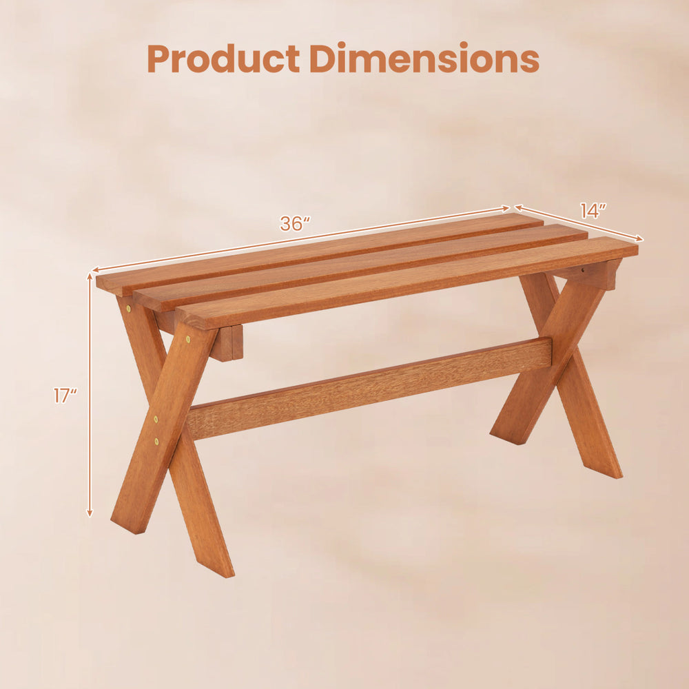 Backless 36" outdoor solid wood bench with teak oil finish, featuring X-shaped legs and slatted seat for patio use.