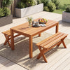 Backless 36" solid wood patio dining bench with teak oil finish, featuring sturdy X-shaped legs for outdoor durability.