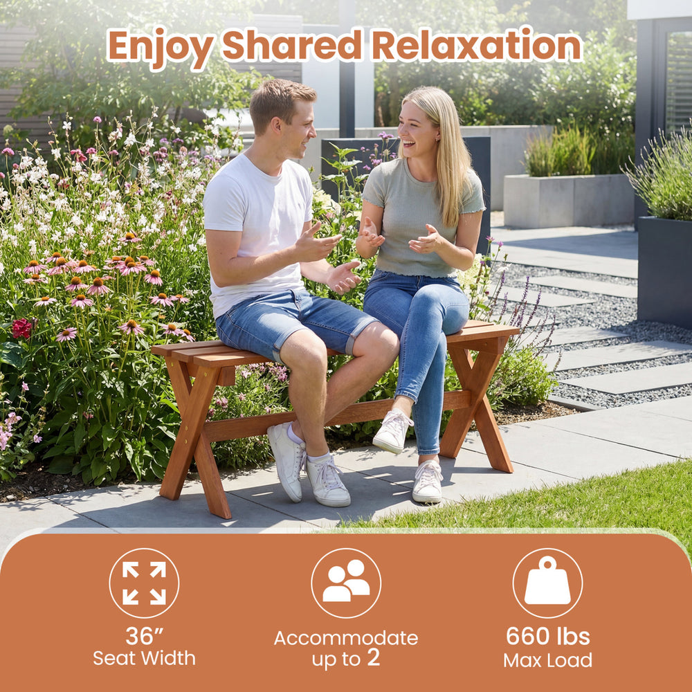 Backless 36" outdoor solid wood bench with teak oil finish, accommodating 2 adults, ideal for patios and gardens.
