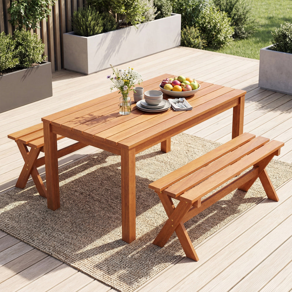 36" Outdoor Solid Wood Bench Set of 2 Backless Patio Dining Bench with Teak Oil Finish - Gallery View 1 of 10
