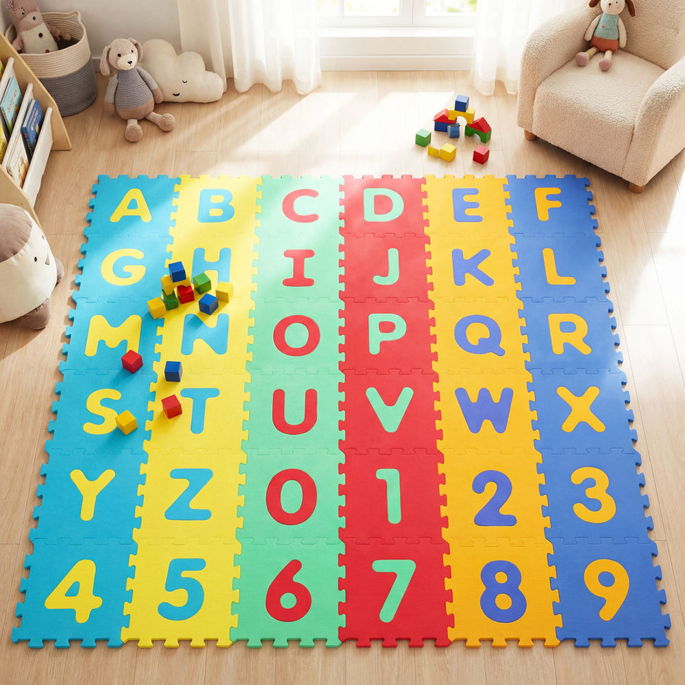 Vibrant interlocking baby puzzle floor tiles showcase letters and numbers, perfect for imaginative play in preschools.