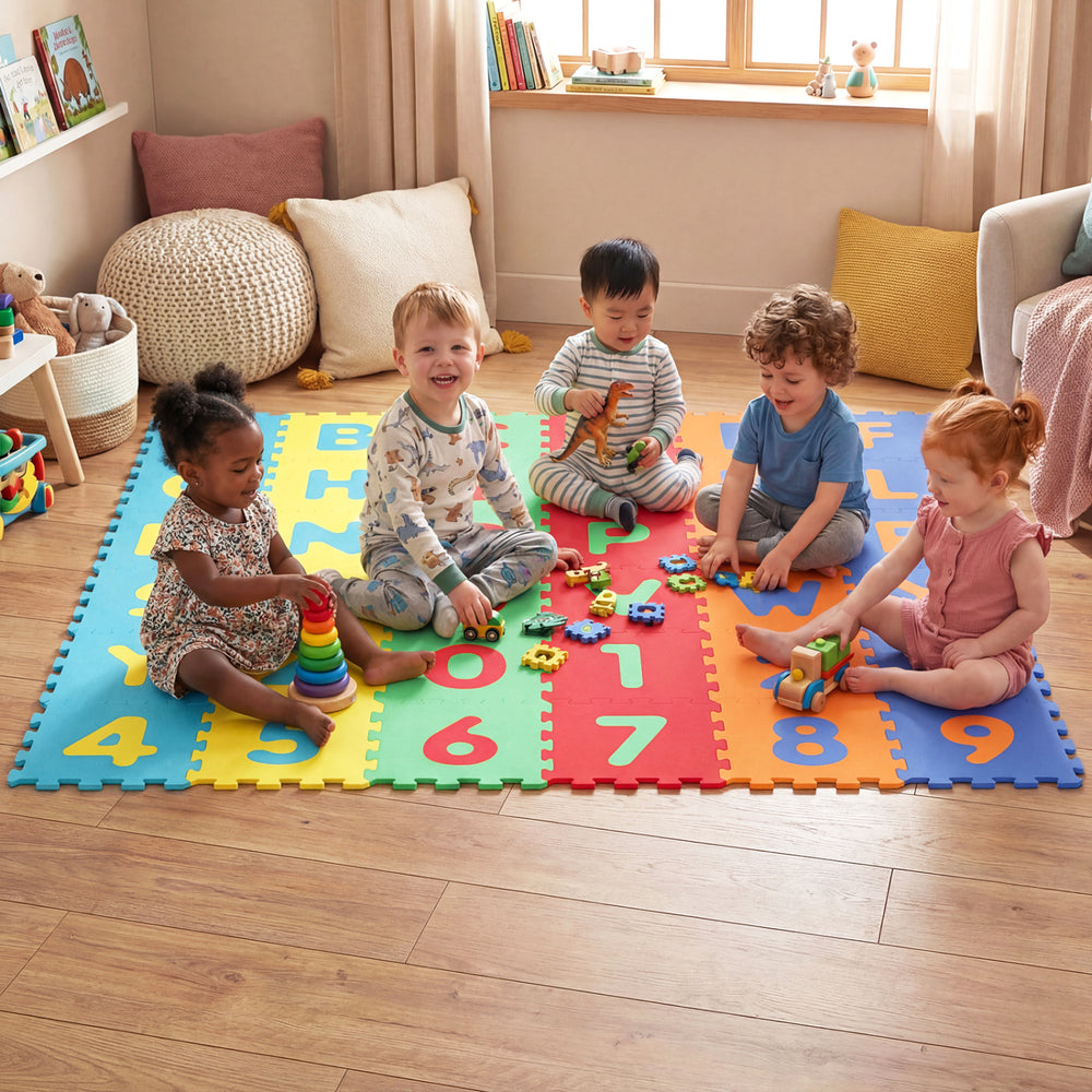 Colorful 36-piece interlocking baby puzzle floor tiles with letters and numbers, ideal for educational play in any room.