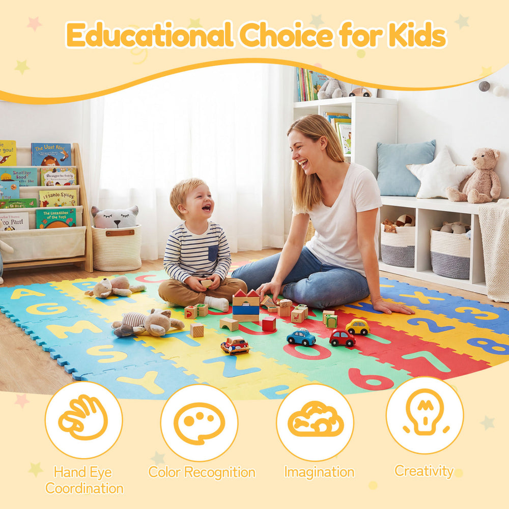 Colorful 36-piece interlocking baby puzzle floor tiles featuring letters and numbers, ideal for educational playtime.