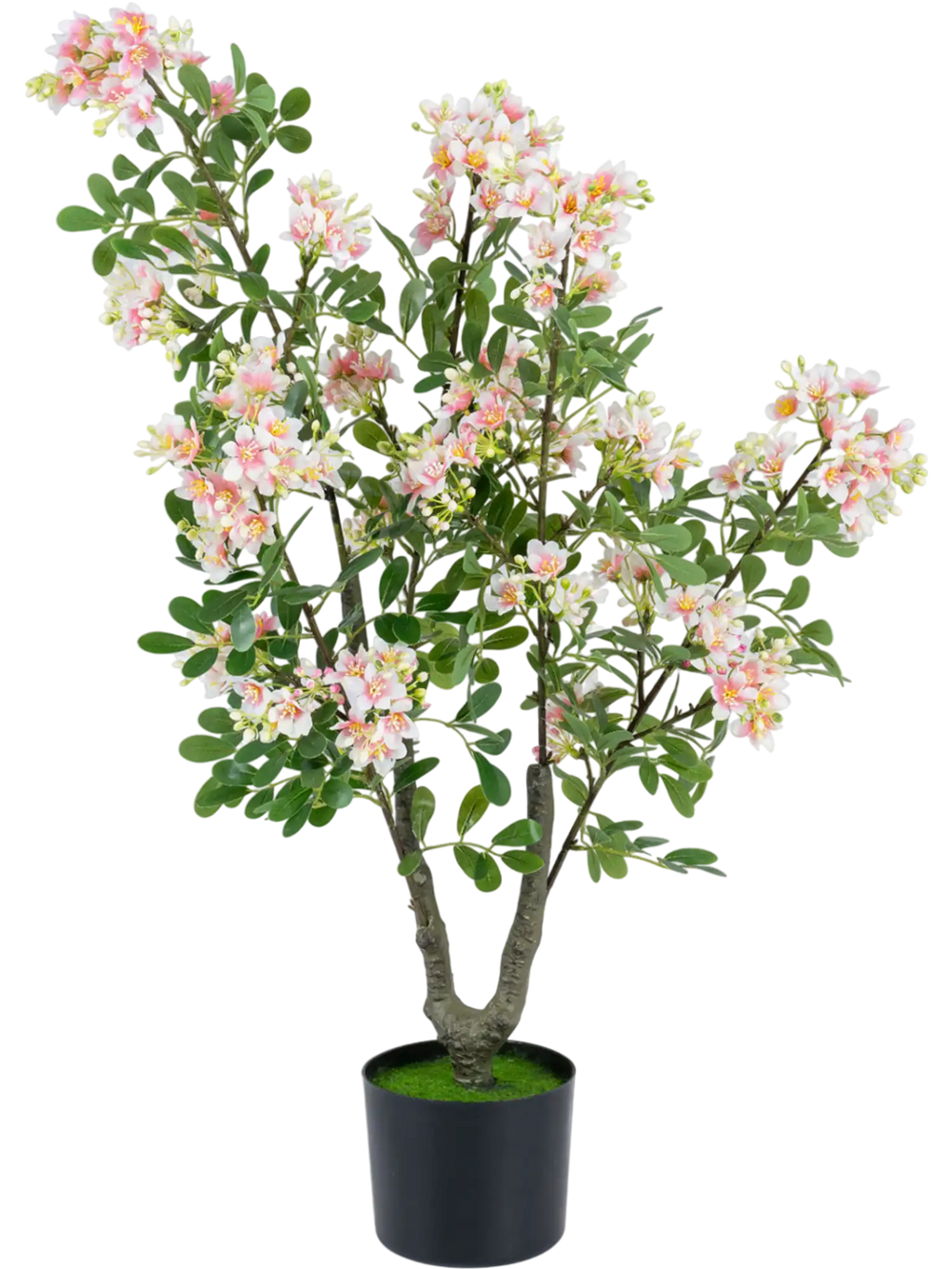 Artificial 36" impatiens tree with pink silk flowers and mini fruits, perfect for enhancing living rooms or cafes.