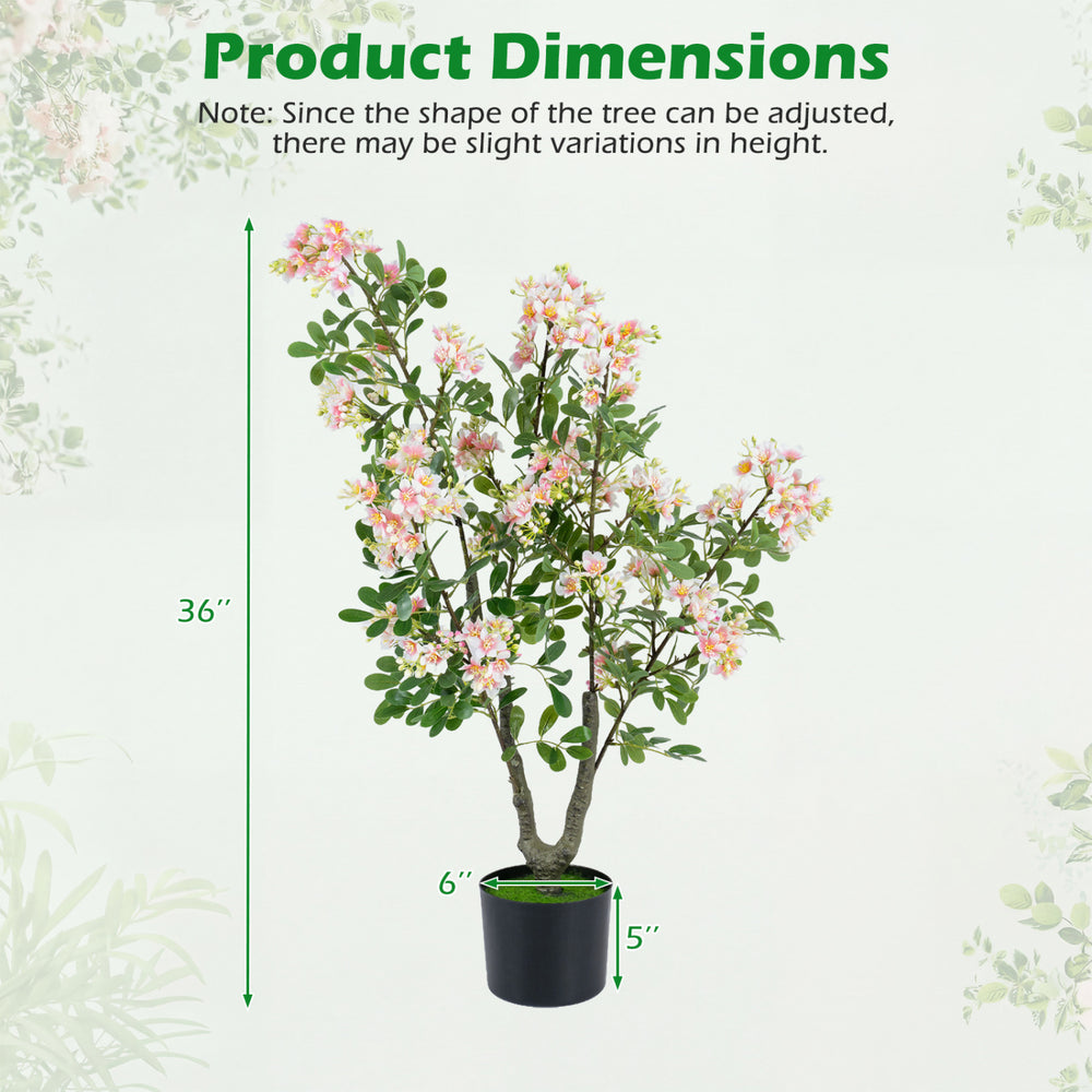 Product dimension chart for 36" artificial impatiens tree with pink silk flowers and mini fruits, ideal for versatile decor.