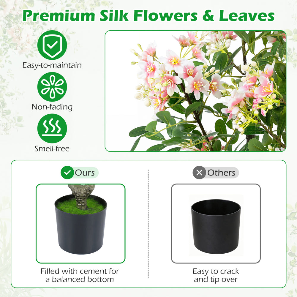 Artificial 36" impatiens tree with pink silk flowers and mini fruits, perfect for home or office decor.