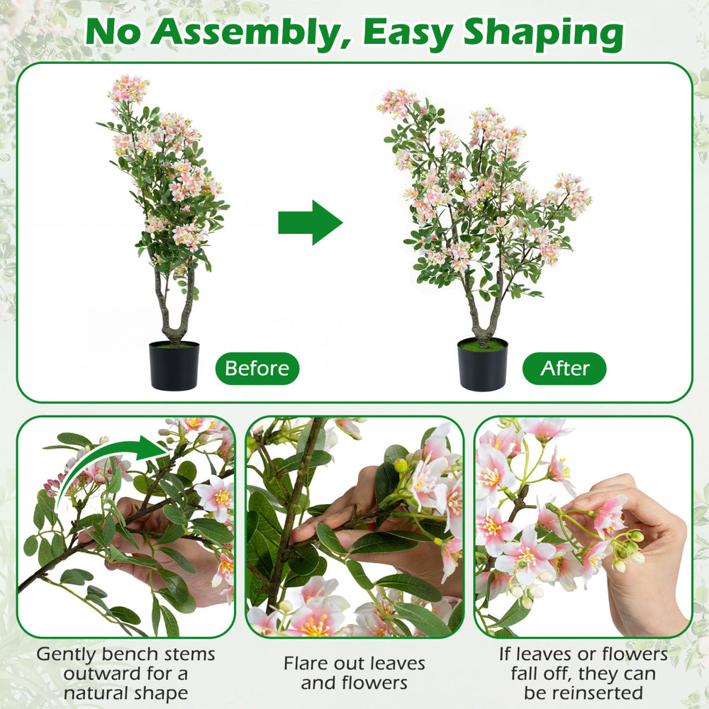 Artificial 36" impatiens tree with pink silk flowers and mini fruits, perfect for living rooms or cafes.