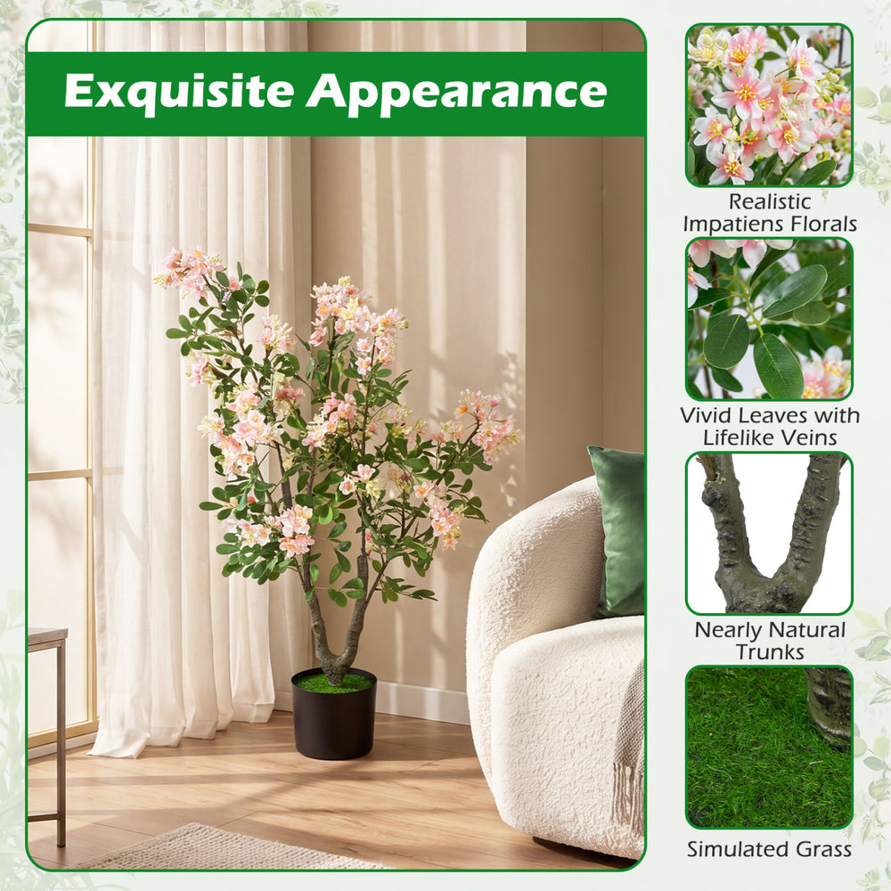 Artificial 36" impatiens tree with pink silk flowers and mini fruits, perfect for living room or office decor.