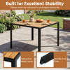 36-inch square outdoor dining table with acacia wood slatted top and heavy-duty metal frame, perfect for patio.