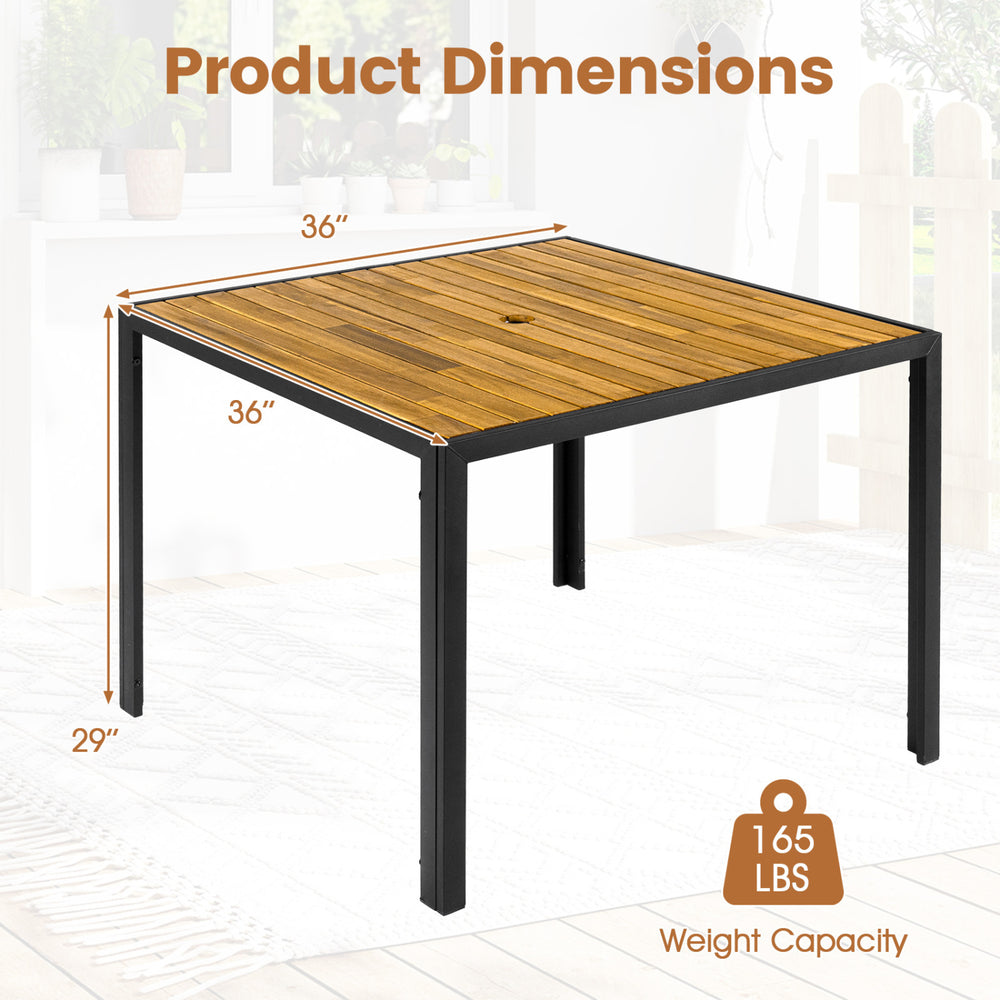 36-inch square outdoor dining table with acacia wood slatted top, designed for 4 people, perfect for patio gatherings.