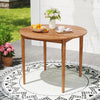 Round 36-inch acacia wood outdoor dining table for 4, featuring slatted design and smooth corners, ideal for patio use.