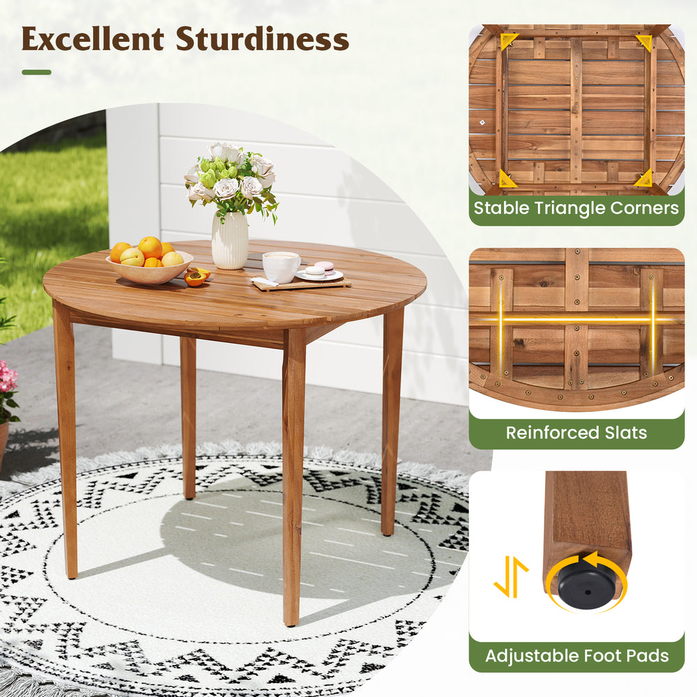 Round 36-inch acacia wood outdoor dining table for 4, featuring reinforced slats and adjustable foot pads for stability.