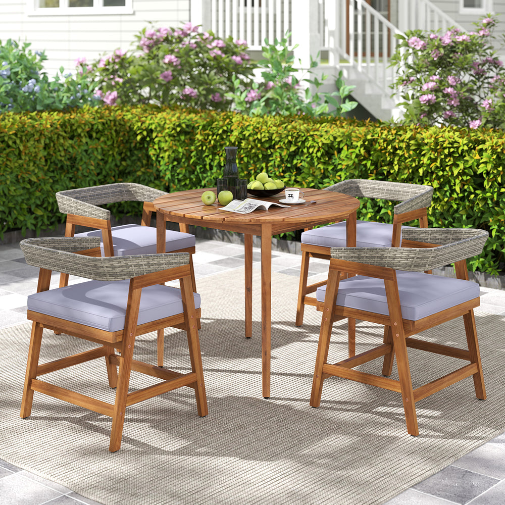 Round 36-inch acacia wood outdoor dining table for 4, featuring slatted design and sturdy frame, perfect for patio use.