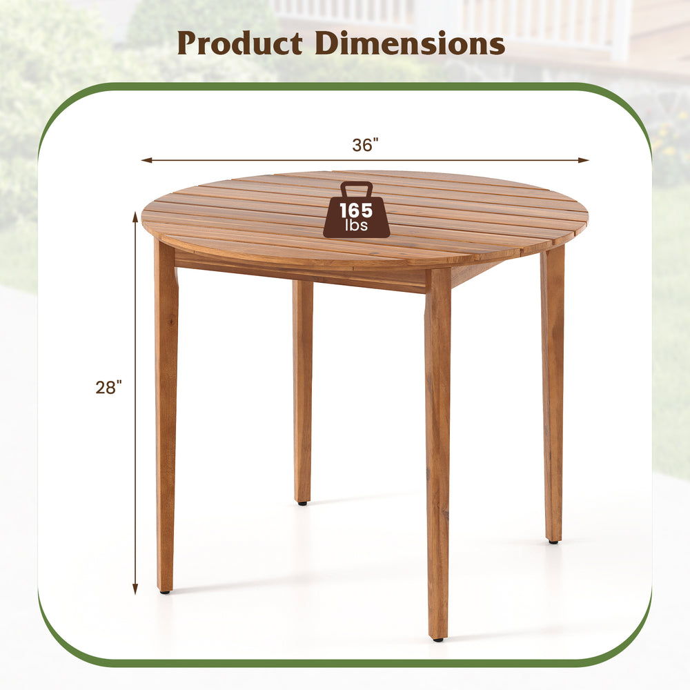 36-inch acacia wood round outdoor dining table for 4, showcasing product dimensions with a stable design for outdoor.