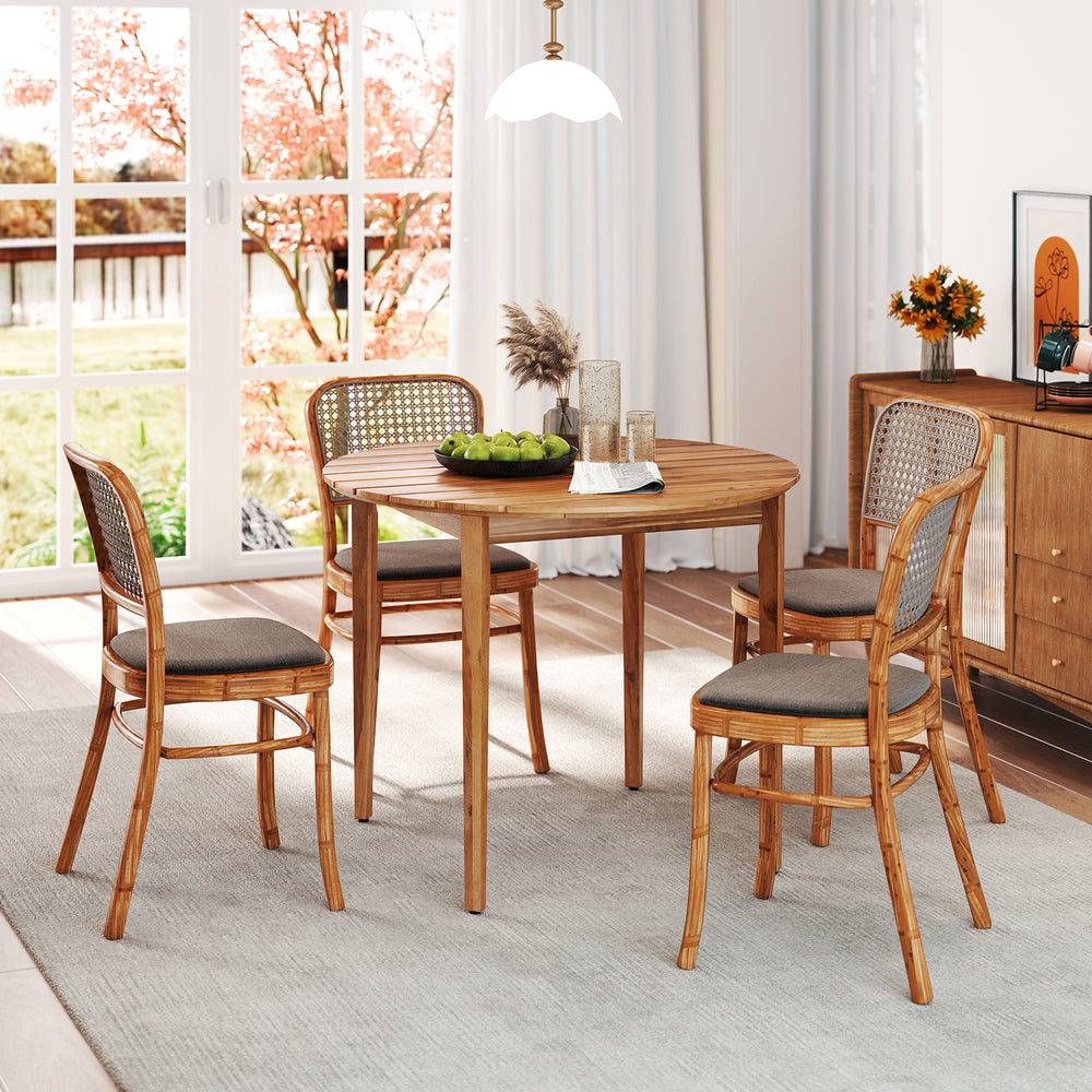 Round 36-inch acacia wood outdoor dining table for 4 people, featuring a slatted design and smooth corners for safety.