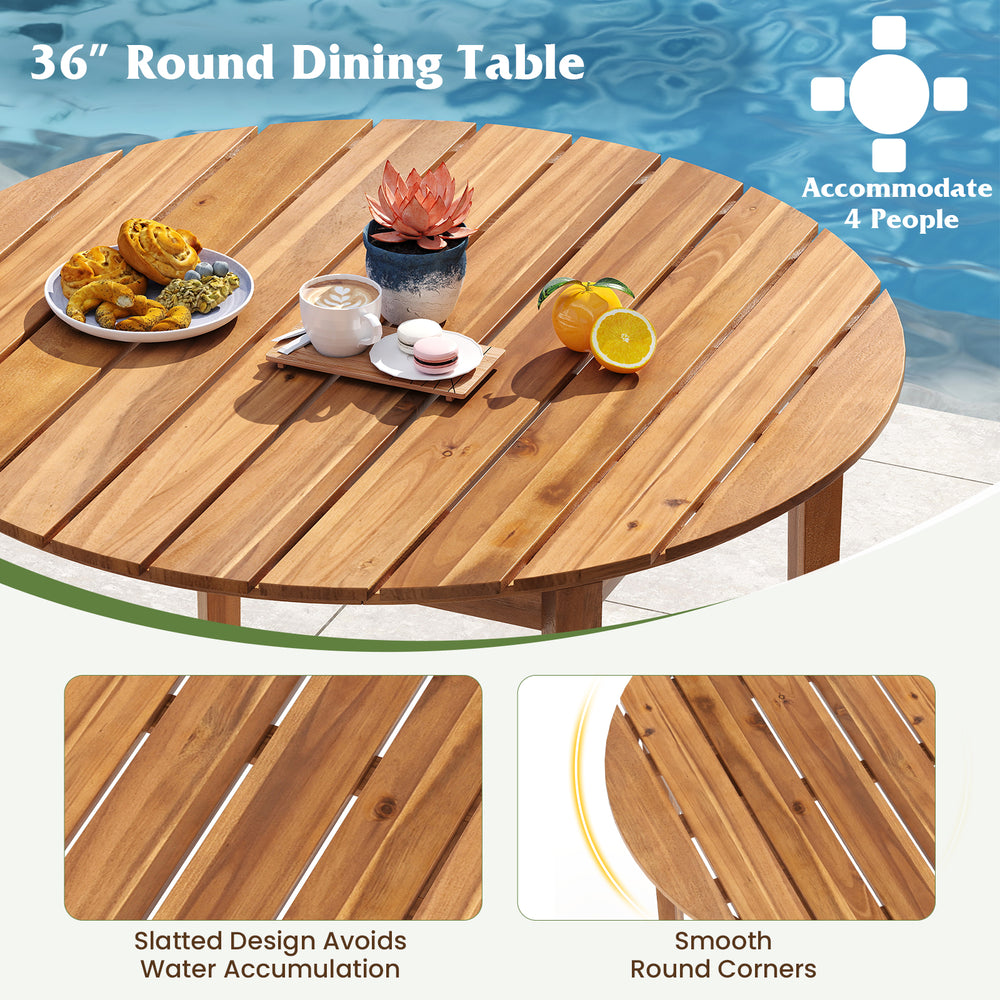 36" round acacia wood outdoor dining table for 4, featuring slatted design and smooth round corners for safety.
