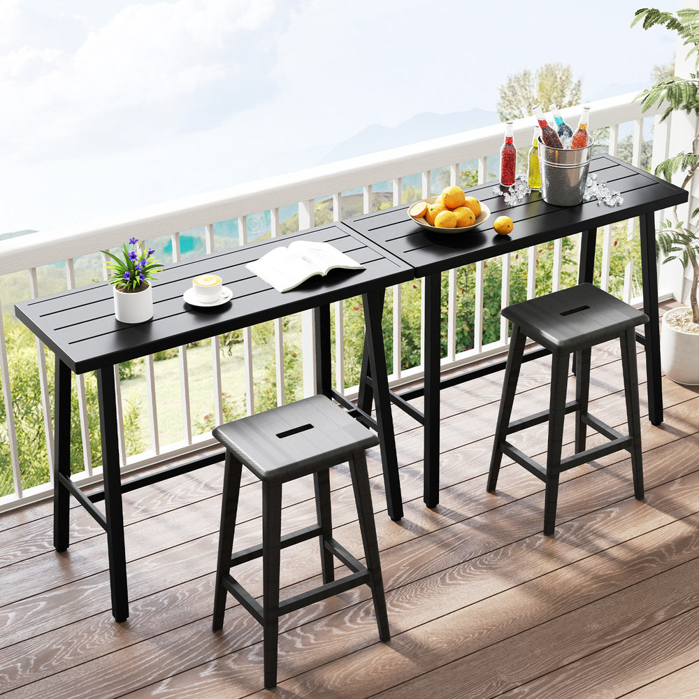 Rectangular 36-inch patio counter height bar table in black, featuring adjustable foot pads, ideal for outdoor.