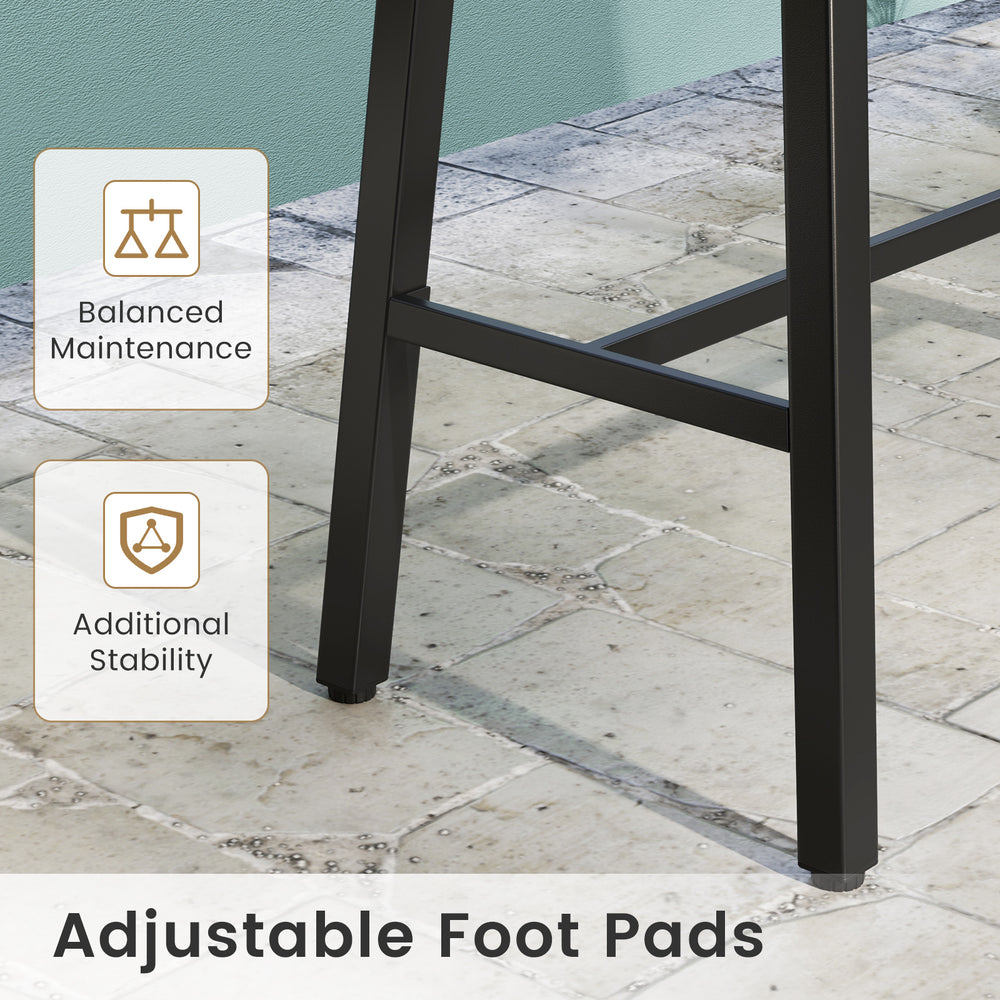 Close-up of the adjustable foot pads on a 36-inch patio counter height bar table for added stability and maintenance.