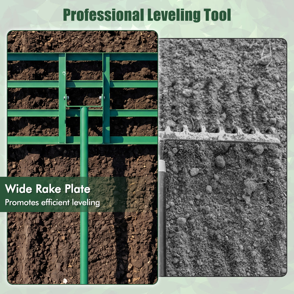 Lawn leveling rake with a wide plate and ergonomic handle for efficient leveling in gardens and backyards.