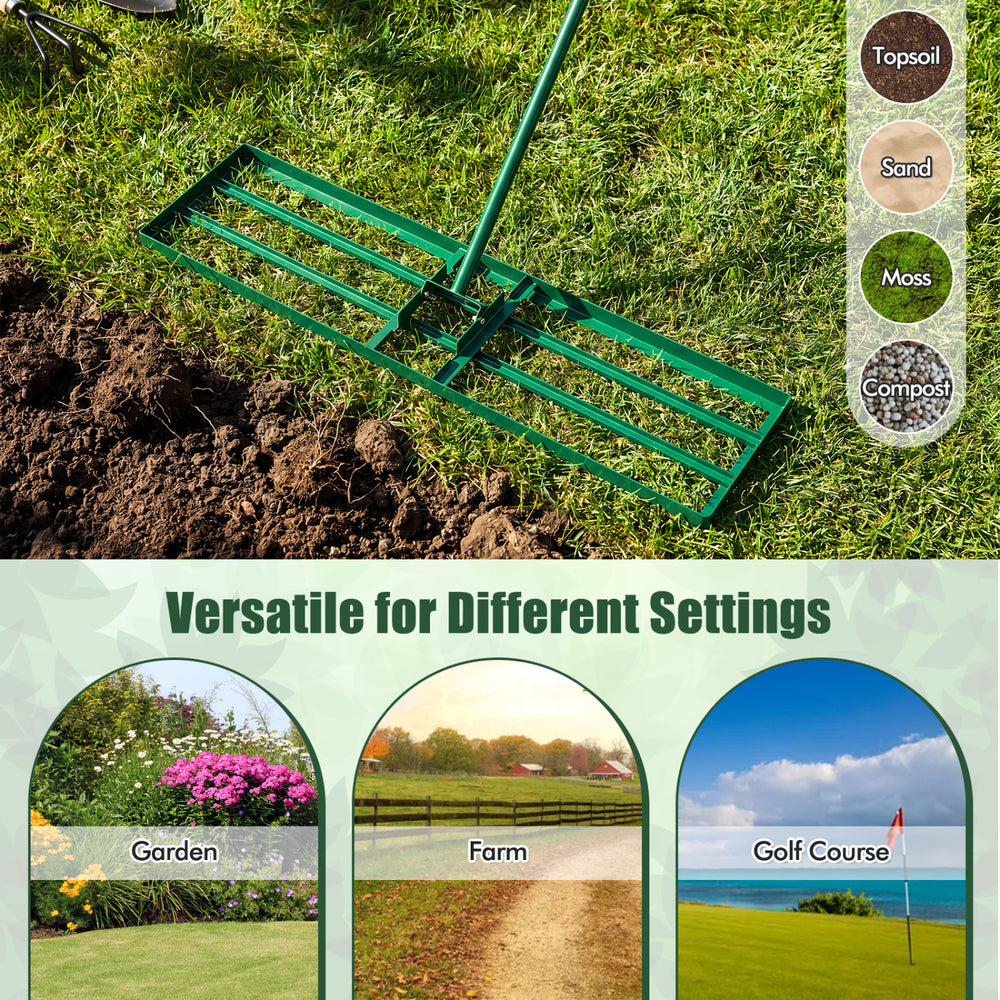 Lawn leveling rake with ergonomic handle, 36 x 10 inches, ideal for gardens, farms, and golf courses.